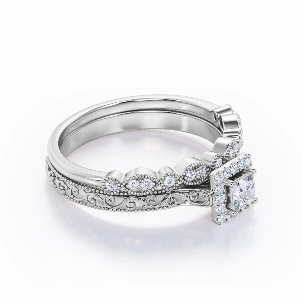 Antique 1 Ct Princess Cut Diamond Bridal Set Balanced Flow