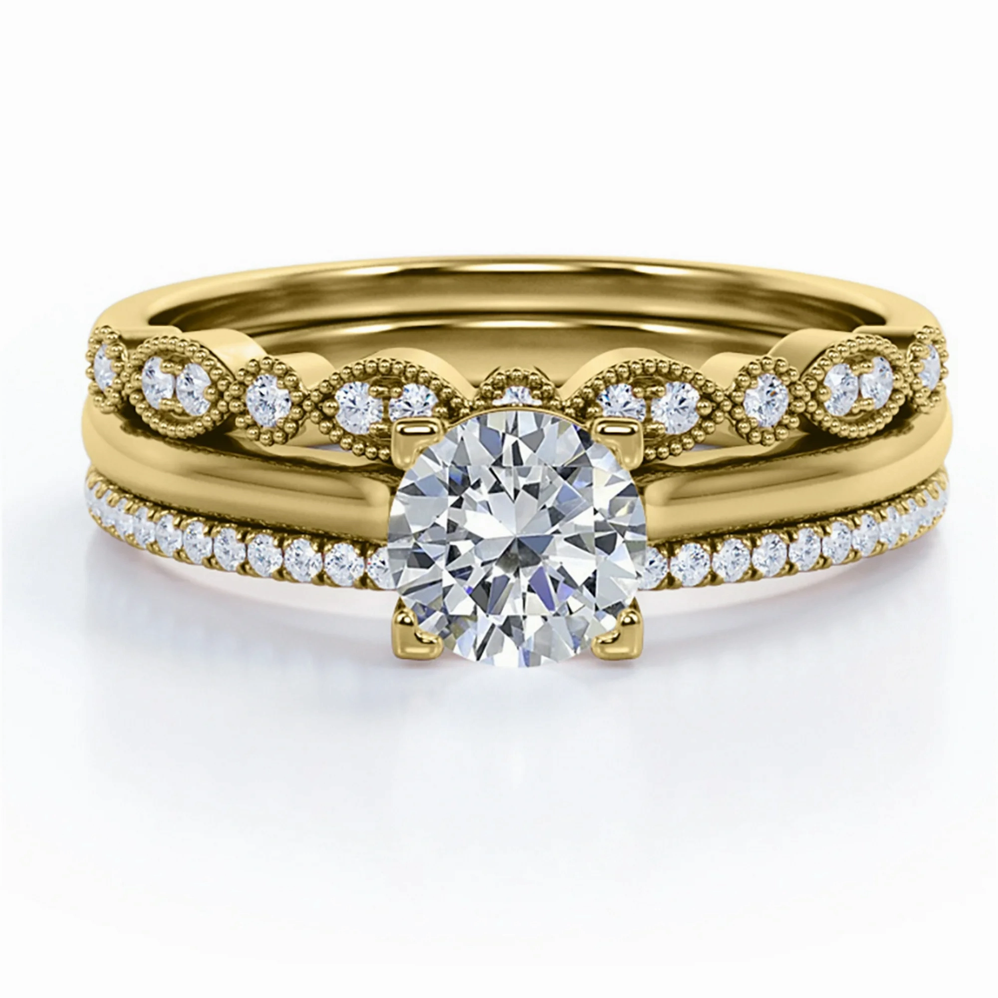 Antique 2 Carat Round Moissanite Pave Trio Ring Set Exquisite Embellishment Bold Accessory