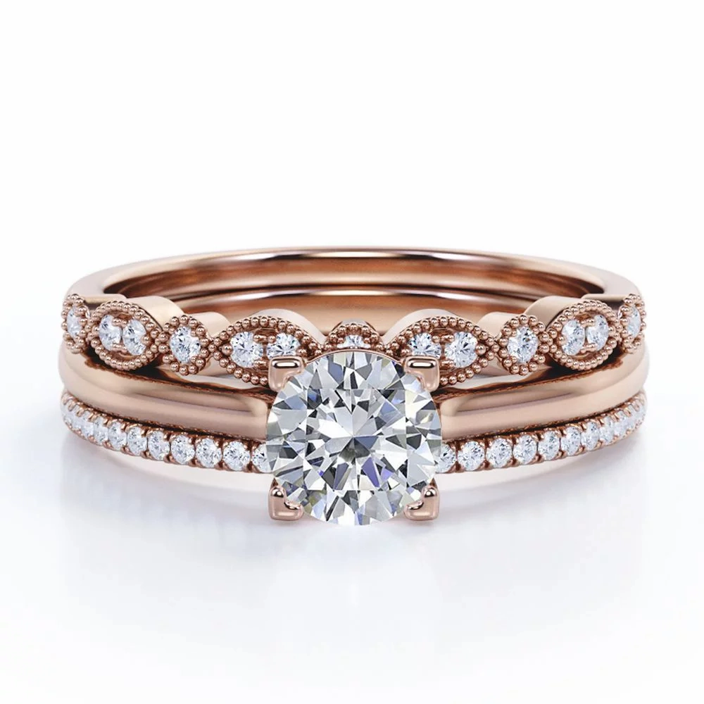 Antique 2 Carat Round Moissanite Pave Trio Ring Set Storage Solution