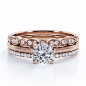 Antique 2 Carat Round Moissanite Pave Trio Ring Set Simple Look