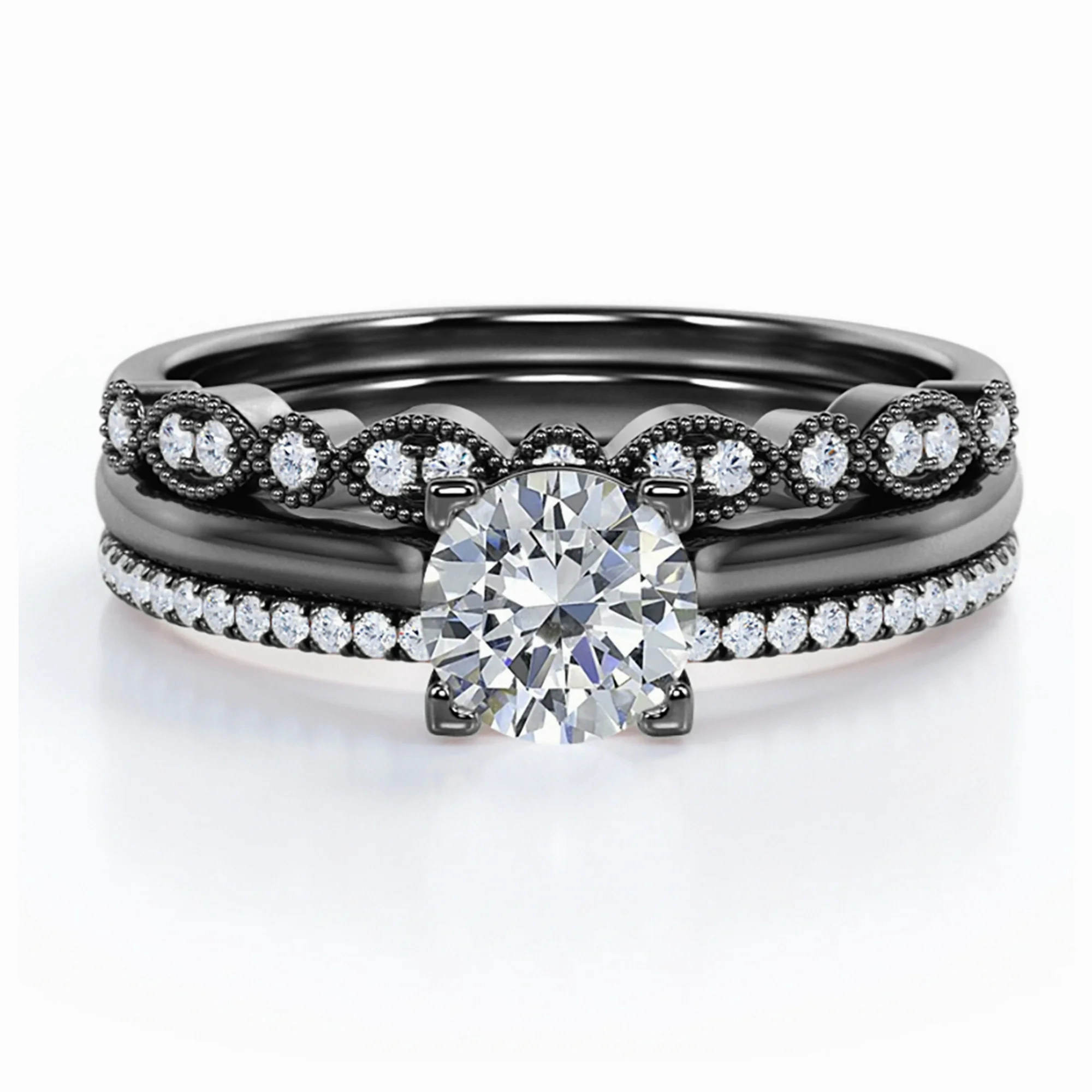 Antique 2 Carat Round Moissanite Pave Trio Ring Set Creative Style