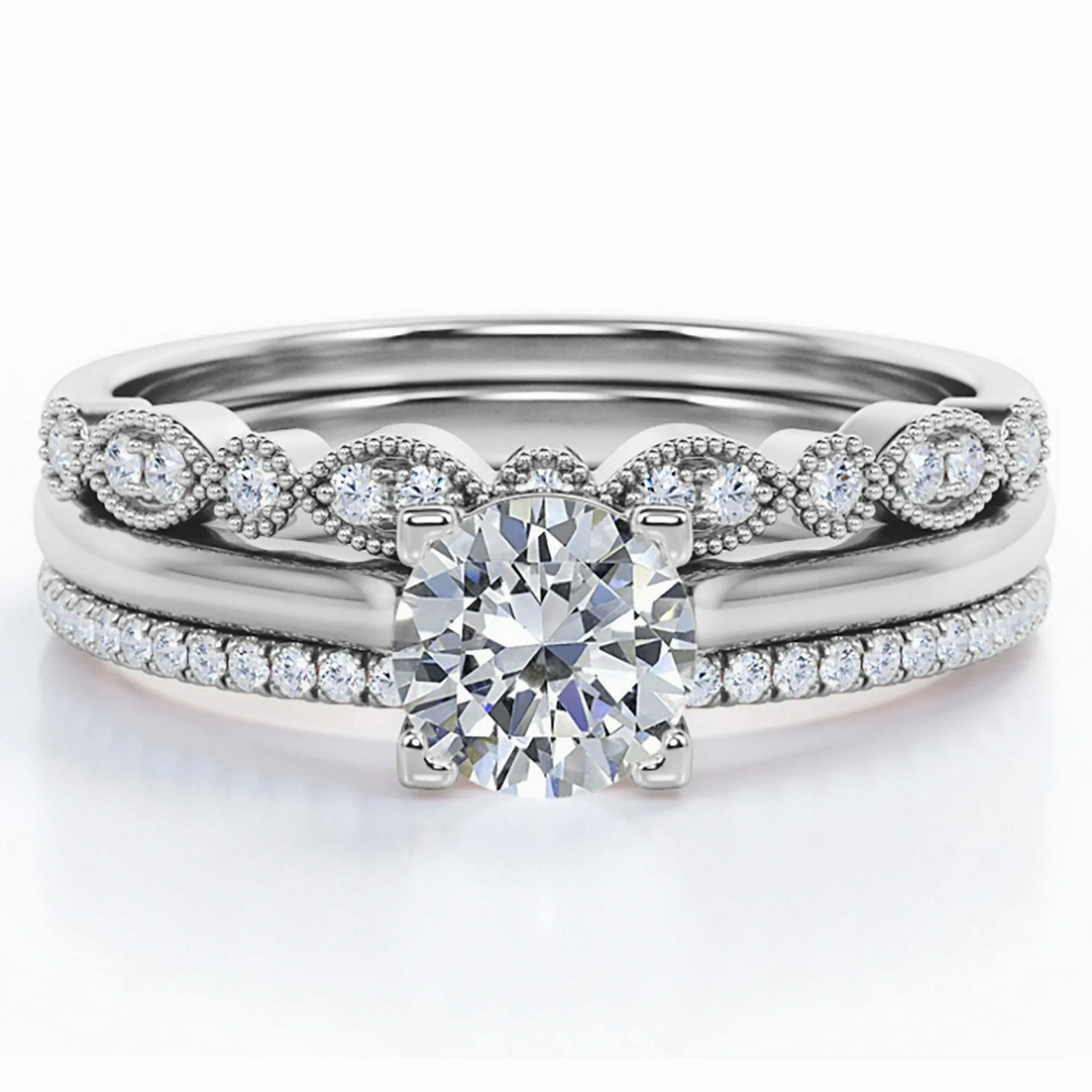 Antique 2 Carat Round Moissanite Pave Trio Ring Set Personal Piece