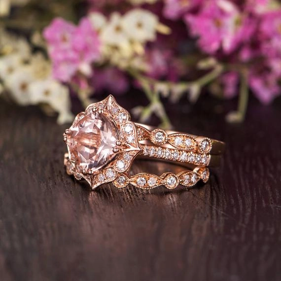Antique 2 ct Cushion Morganite Trio Wedding Ring Set Refined Texture Glamorous Expression