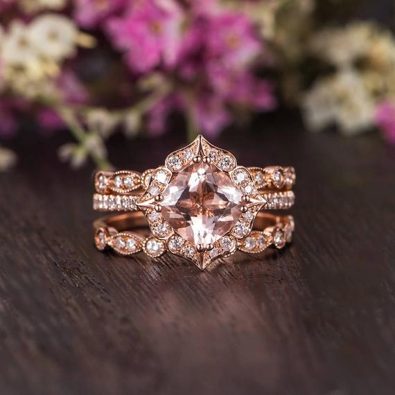 Antique 2 ct Cushion Morganite Trio Wedding Ring Set Soft Polish