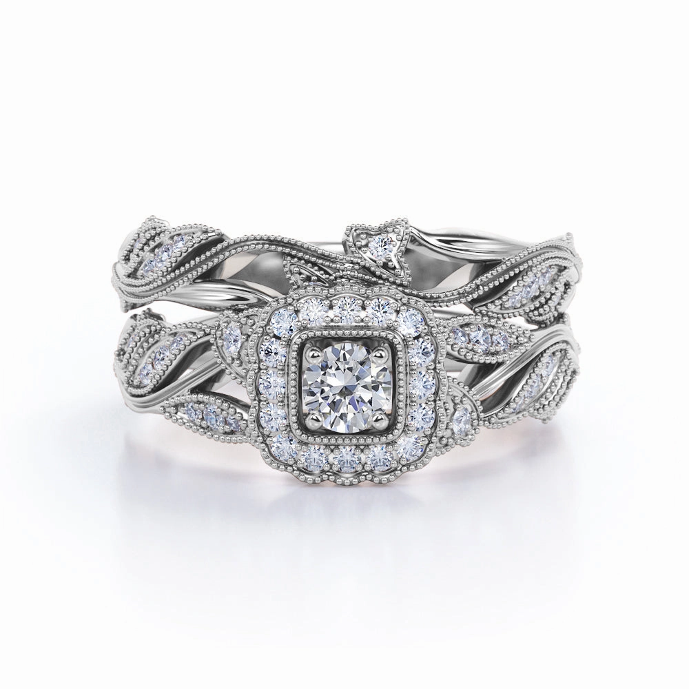 Antique design Round Cut Real Diamond Art Deco Wedding Set in 10k White Gold Everyday Piece