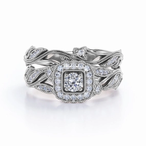 Antique design Round Cut Real Diamond Art Deco Wedding Set in 10k White Gold Affordable Trinket Vintage Product