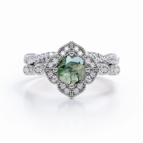 Antique floral 1.25 Carat Round Moss Agate Bridal Set Elegant Balance Vintage Style
