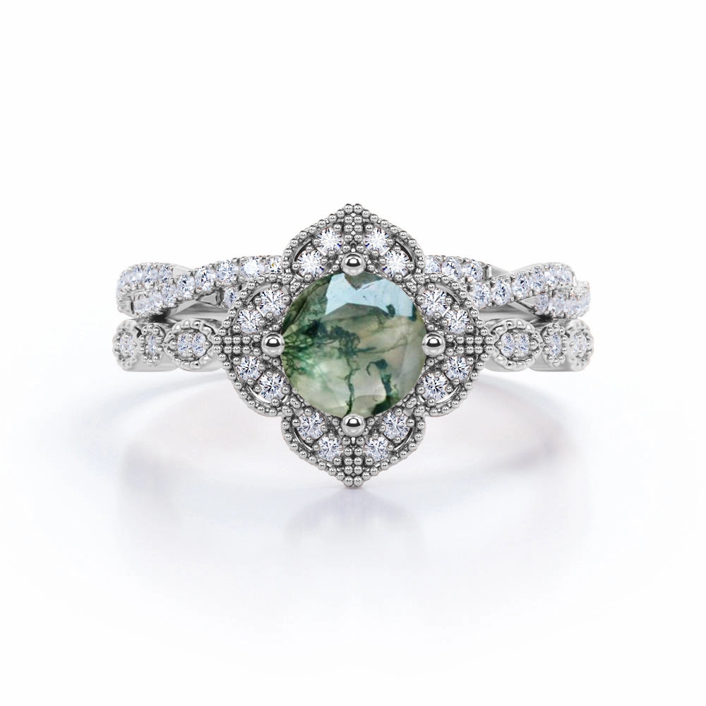 Antique floral 1.25 Carat Round Moss Agate Bridal Set Elegant Balance Vintage Style