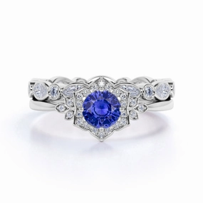 Antique Flower Design 2.25 Carat Round Cut Sapphire and Diamond Halo Wedding Set with Eternity Band in White Gold Unisex Design