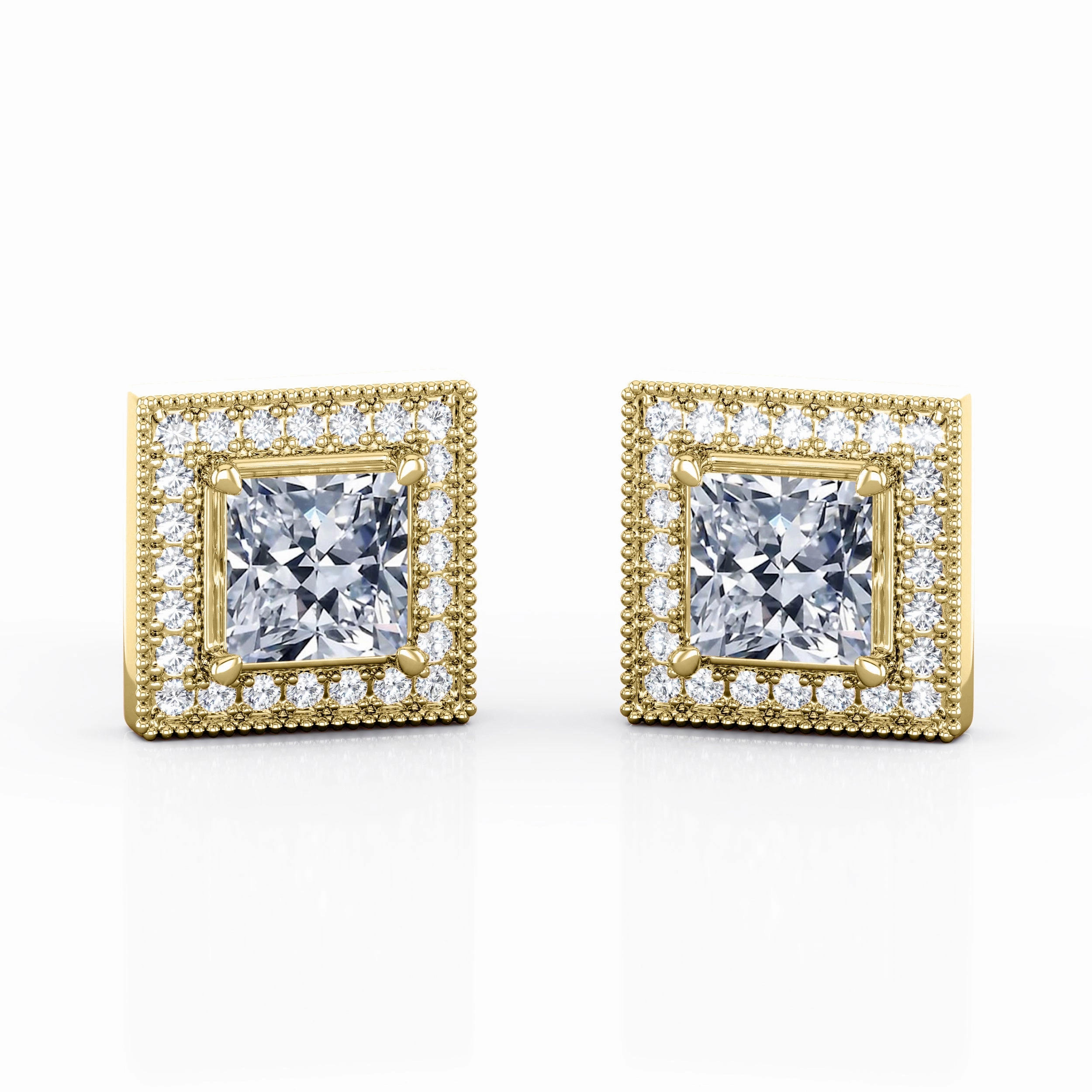 Graceful Choice Antique Halo 0.85 CT TDW Princess Diamond Surface Prong Milgrain Ear Studs in Yellow Gold