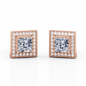 Social Decoration Beautiful Decoration Antique Halo 0.85 CT TDW Princess Diamond Surface Prong Milgrain Ear Studs in Yellow Gold