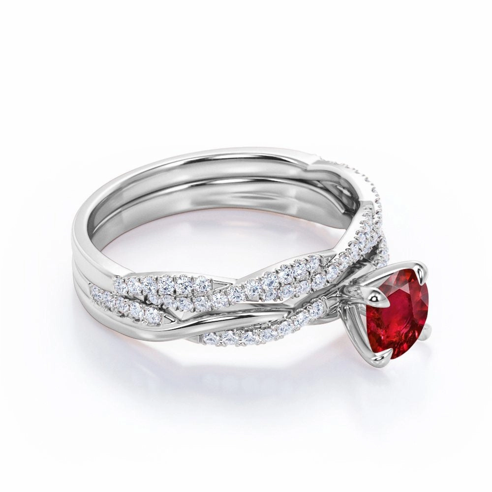 Antique Infinity 1.30 ct Round Lab-Created Ruby Bridal Set Holiday Style Holiday Party