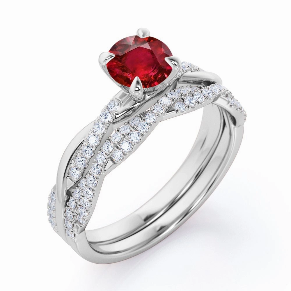 Timeless Grace Antique Infinity 1.30 ct Round Lab-Created Ruby Bridal Set
