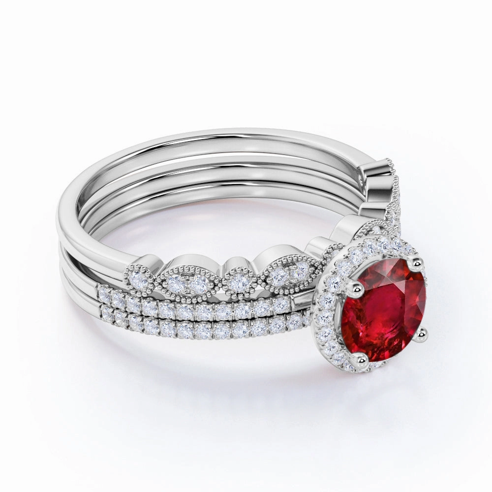 Antique Pave 2 ct Round Lab-Created Ruby Trio Wedding Set Weekend Ready