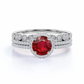 Antique Pave 2 ct Round Lab-Created Ruby Trio Wedding Set Wonderful Expression
