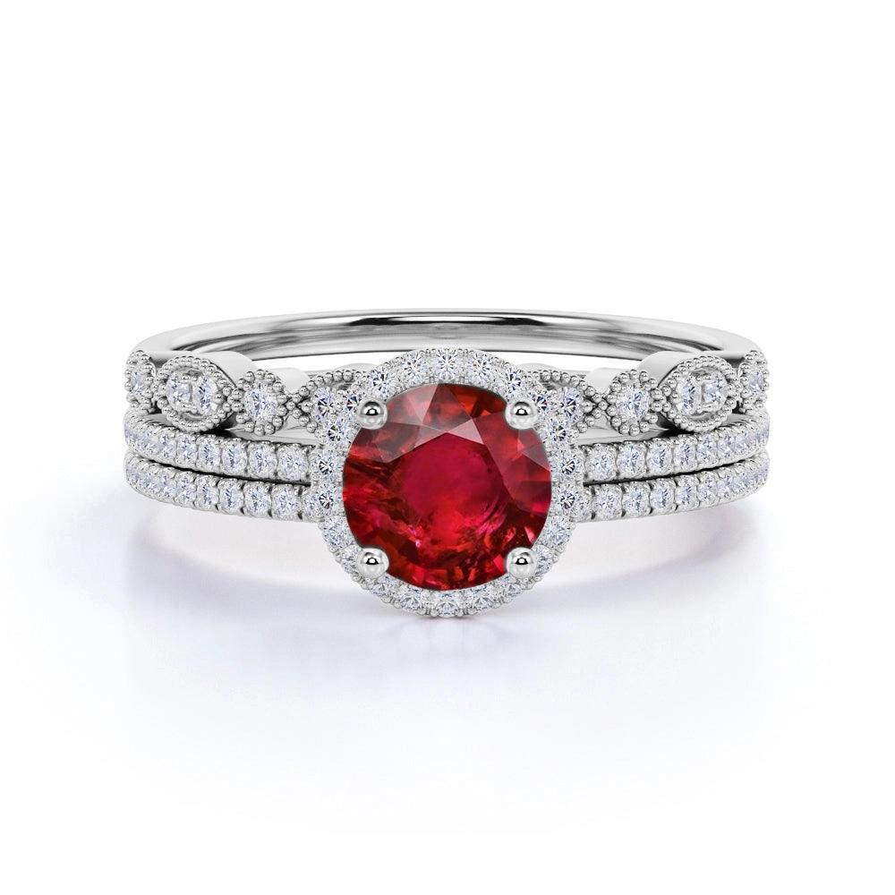 Work Friendly Minimalist Look Antique Pave 2 ct Round Lab-Created Ruby Trio Wedding Set
