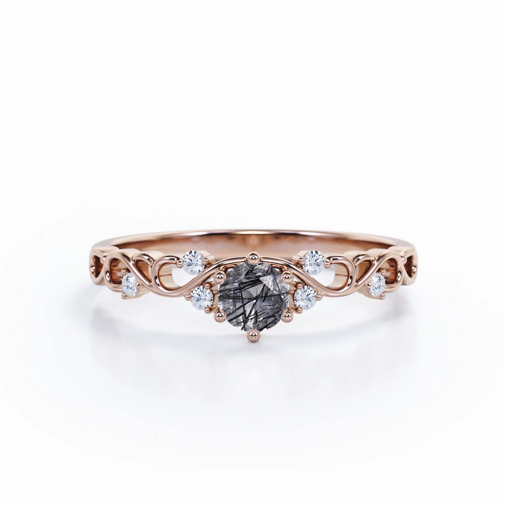 Fine Work Art Deco 0.65 ct Round Black Rutilated Quartz Engagement Ring