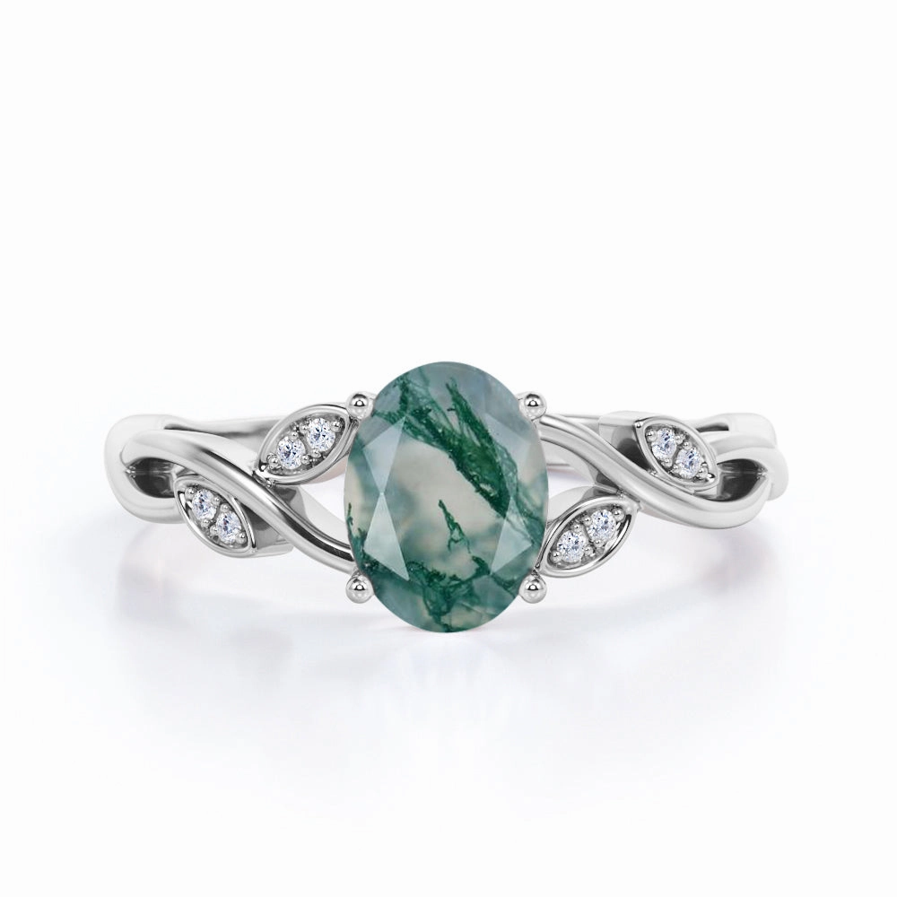 Ancestral Style Art Deco 0.6 Carat Oval Cut Moss Agate Engagement Ring