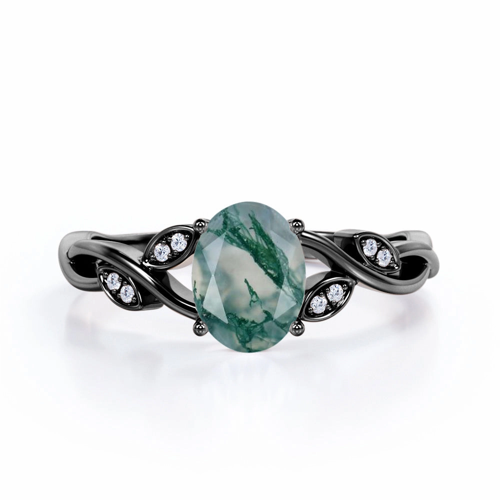 Luxury Feel Art Deco 0.6 Carat Oval Cut Moss Agate Engagement Ring