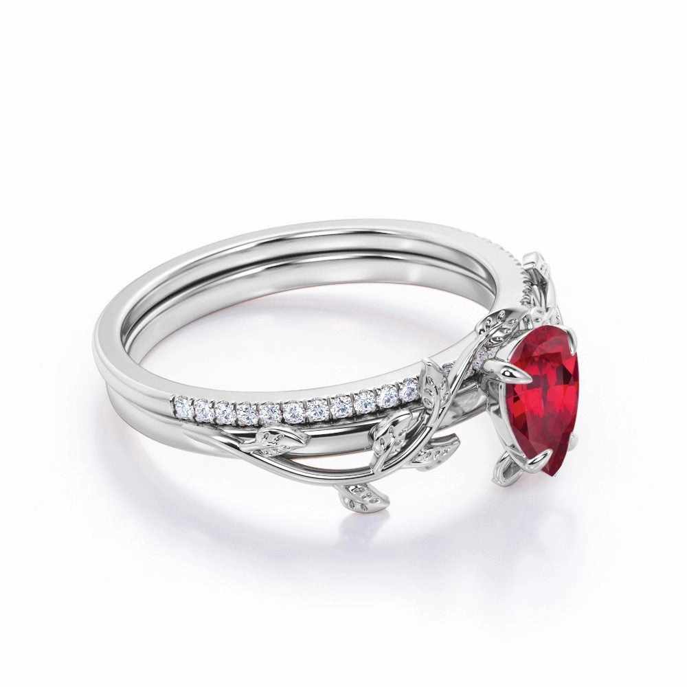 Art Deco 1.25 ct Pear Lab-Created Ruby Pave Bridal Set Artisan Embellishment Fine Decoration