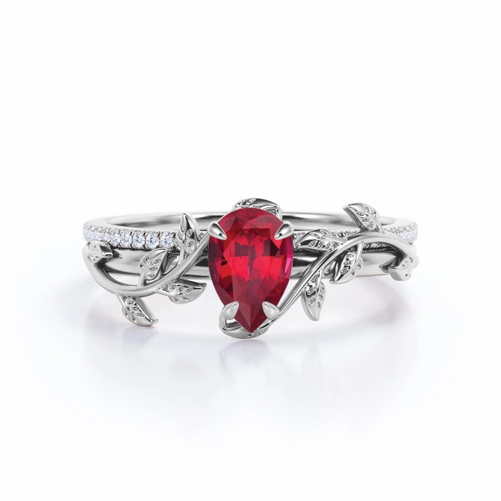 Affordable Gift Art Deco 1.25 ct Pear Lab-Created Ruby Pave Bridal Set