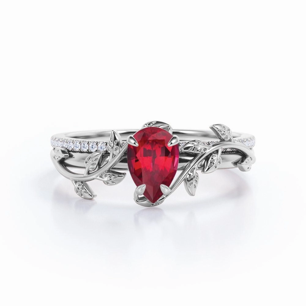 Art Deco 1.25 ct Pear Lab-Created Ruby Pave Bridal Set Gentle Design Classic Appeal