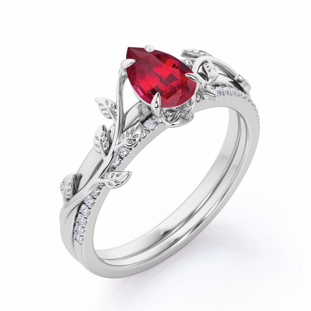 Art Deco 1.25 ct Pear Lab-Created Ruby Pave Bridal Set Daily Structure
