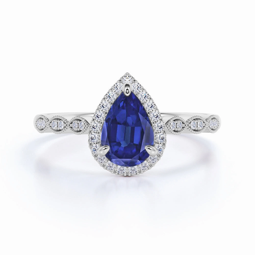 Art Deco 1.50 Ct Pear Cut Lab Sapphire Engagement Ring Charming Accent Wonderful Style