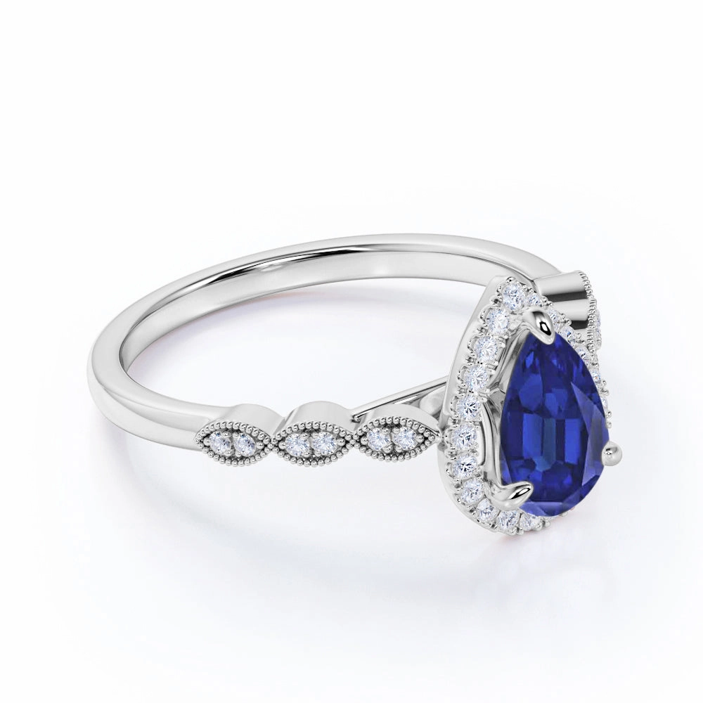Balanced Beauty Art Deco 1.50 Ct Pear Cut Lab Sapphire Engagement Ring