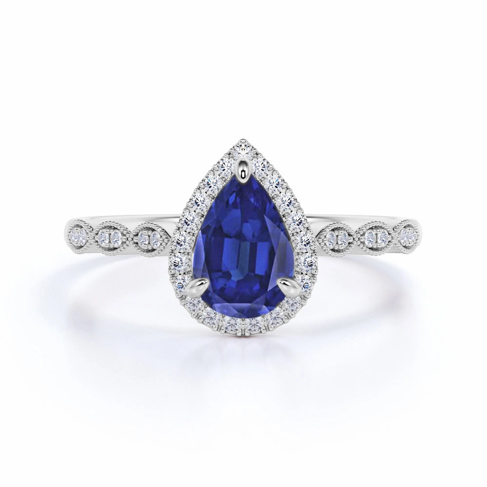 Art Deco 1.50 Ct Pear Cut Lab Sapphire Engagement Ring Everyday Sparkle