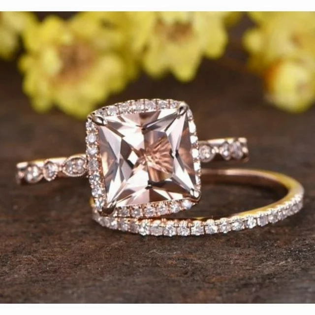 Art Deco 1.50 ct Princess Morganite Halo Bridal Set Robust Appearance Fashionable Design