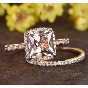 Art Deco 1.50 ct Princess Morganite Halo Bridal Set Robust Appearance Fashionable Design
