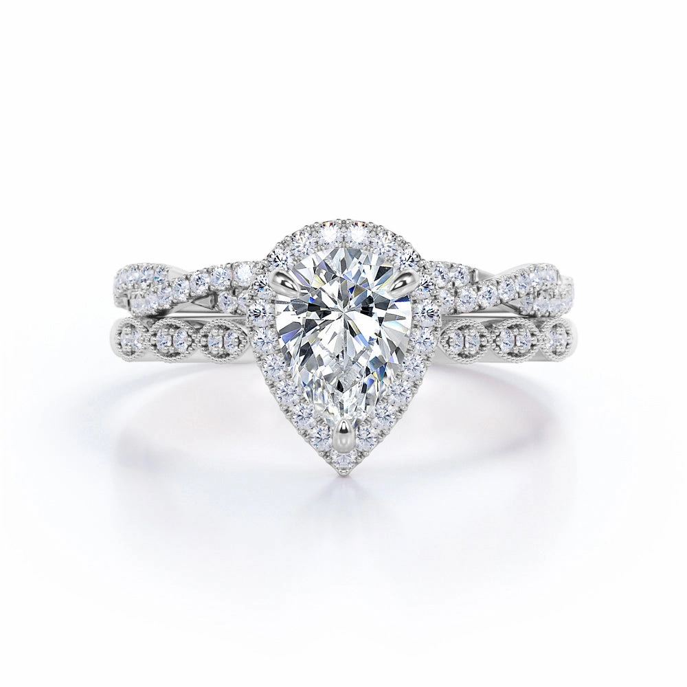 Modern Accent Minimal Structure Art Deco 1.5 Carat Pear Cut Moissanite Wedding Ring Set
