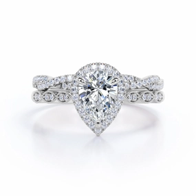 Modern Accent Minimal Structure Art Deco 1.5 Carat Pear Cut Moissanite Wedding Ring Set