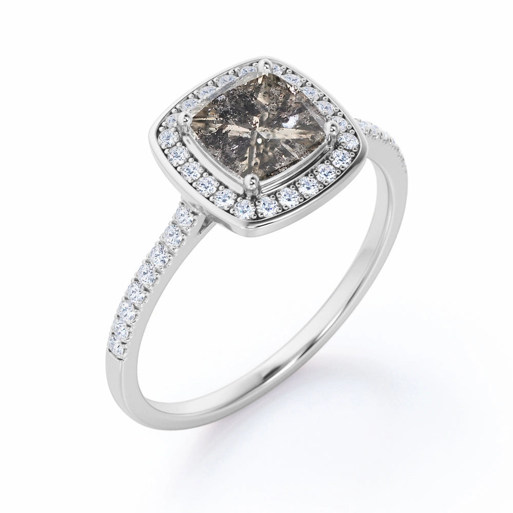 Contemporary Touch Art Deco 1 Carat Princess Cut Galaxy Grey Salt And Pepper Diamond Engagement Ring with Diamond Halo and Pave Band in White Gold