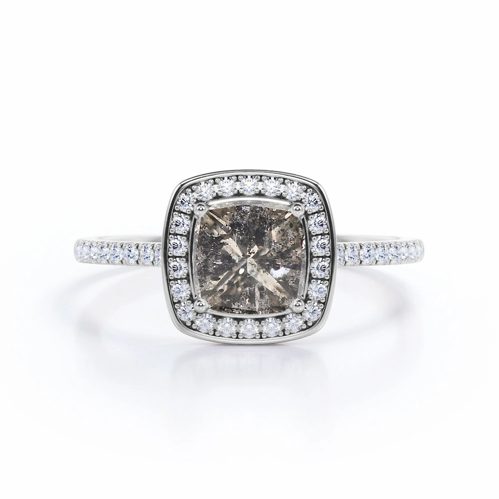 Art Deco 1 Carat Princess Cut Galaxy Grey Salt And Pepper Diamond Engagement Ring with Diamond Halo and Pave Band in White Gold Formal Accessory Daily Favorite