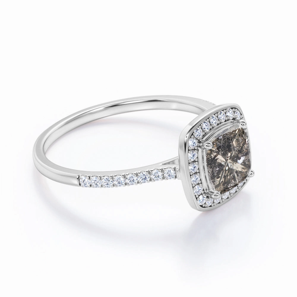 Art Deco 1 Carat Princess Cut Galaxy Grey Salt And Pepper Diamond Engagement Ring with Diamond Halo and Pave Band in White Gold Durable Symbol Everyday Favorite