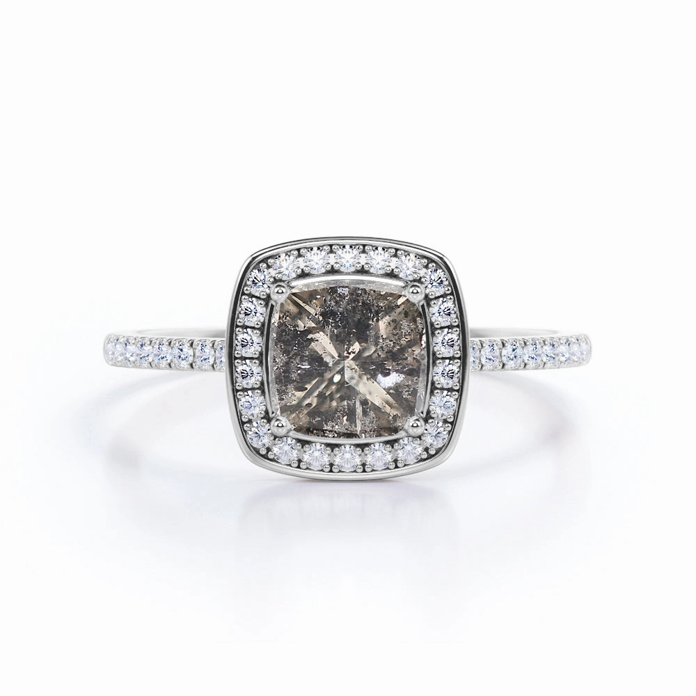 Elegant Choice Art Deco 1 Carat Princess Cut Galaxy Grey Salt And Pepper Diamond Engagement Ring with Diamond Halo and Pave Band in White Gold