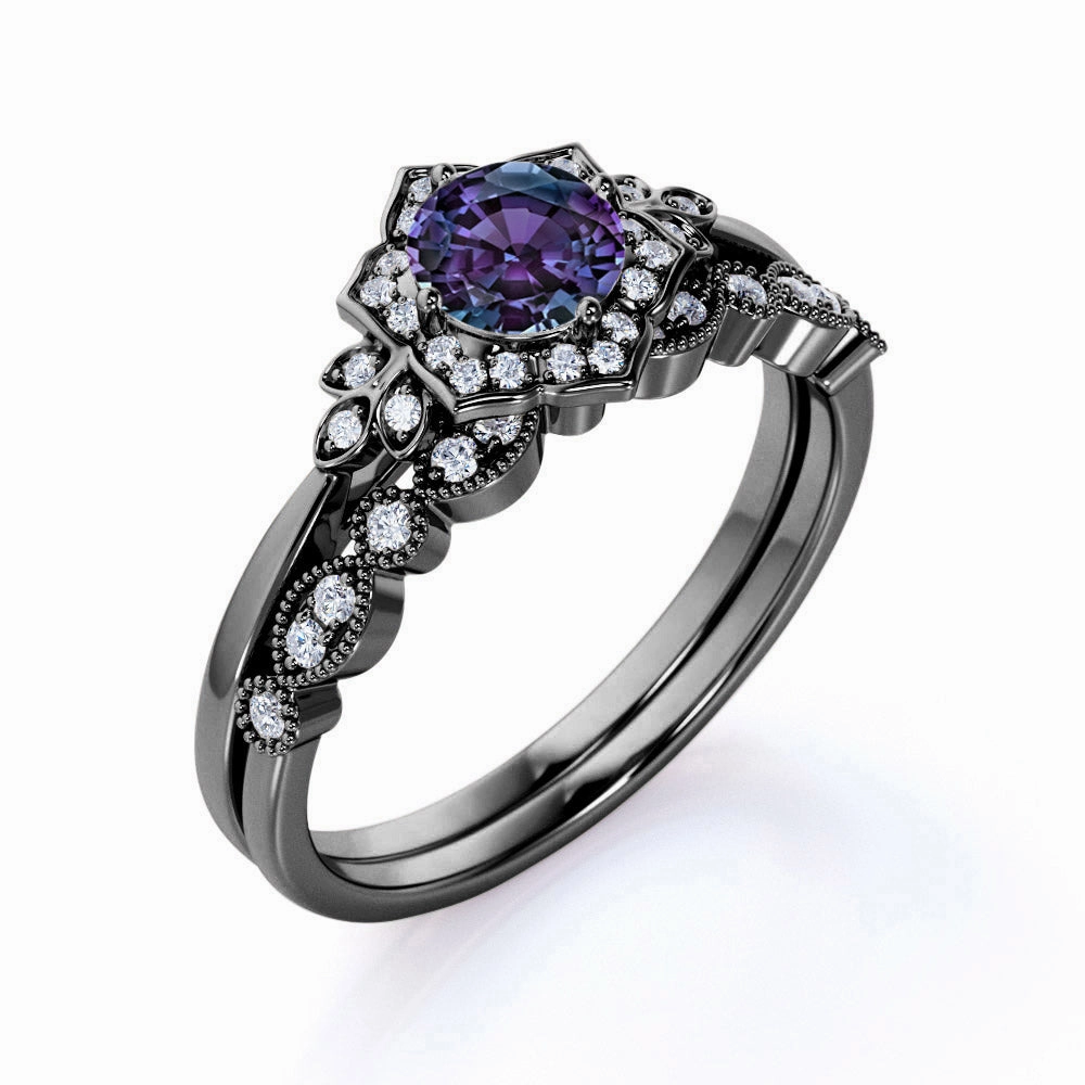 Art Deco 1 Ct Round Lab Alexandrite Bridal Set Glam Party