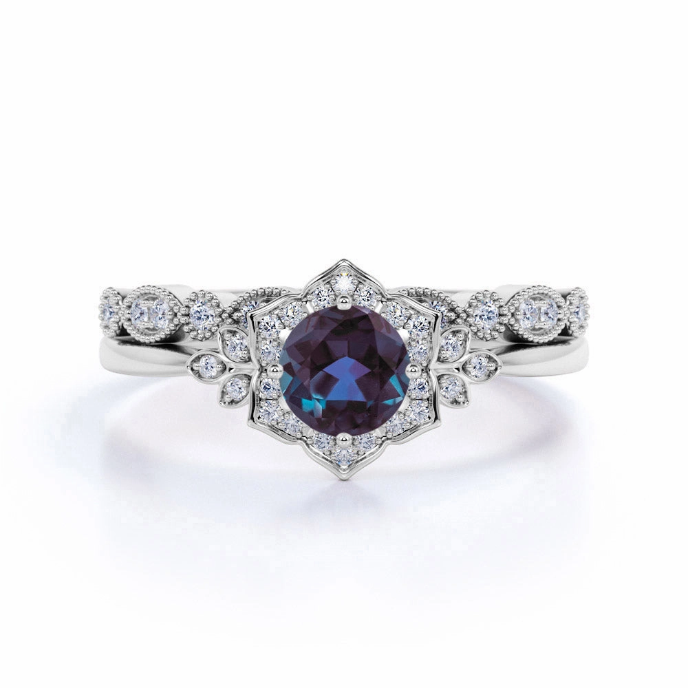 Art Deco 1 Ct Round Lab Alexandrite Bridal Set All Purpose Gift Classic Set