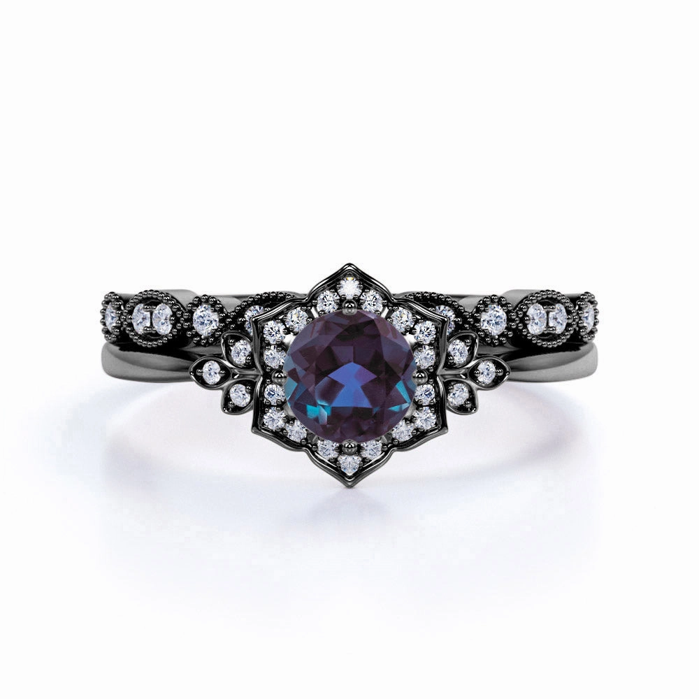 Art Deco 1 Ct Round Lab Alexandrite Bridal Set Traditional Adornment Ornate Craft