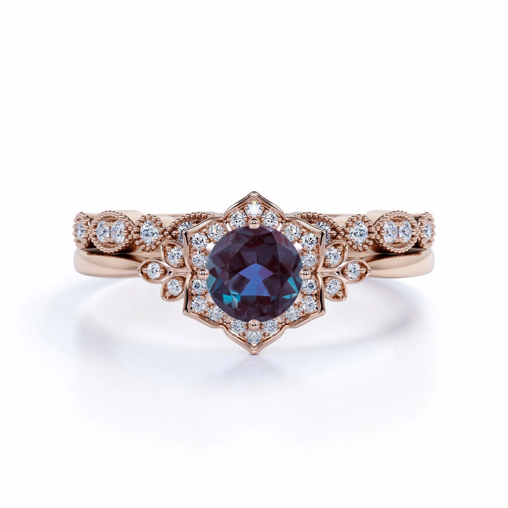 Art Deco 1 Ct Round Lab Alexandrite Bridal Set Contemporary Sign