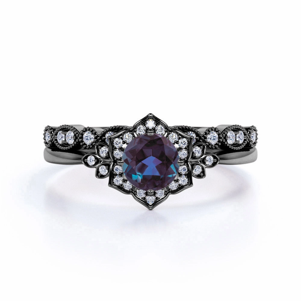Art Deco 1 Ct Round Lab Alexandrite Bridal Set Classic Token Affordable Symbol