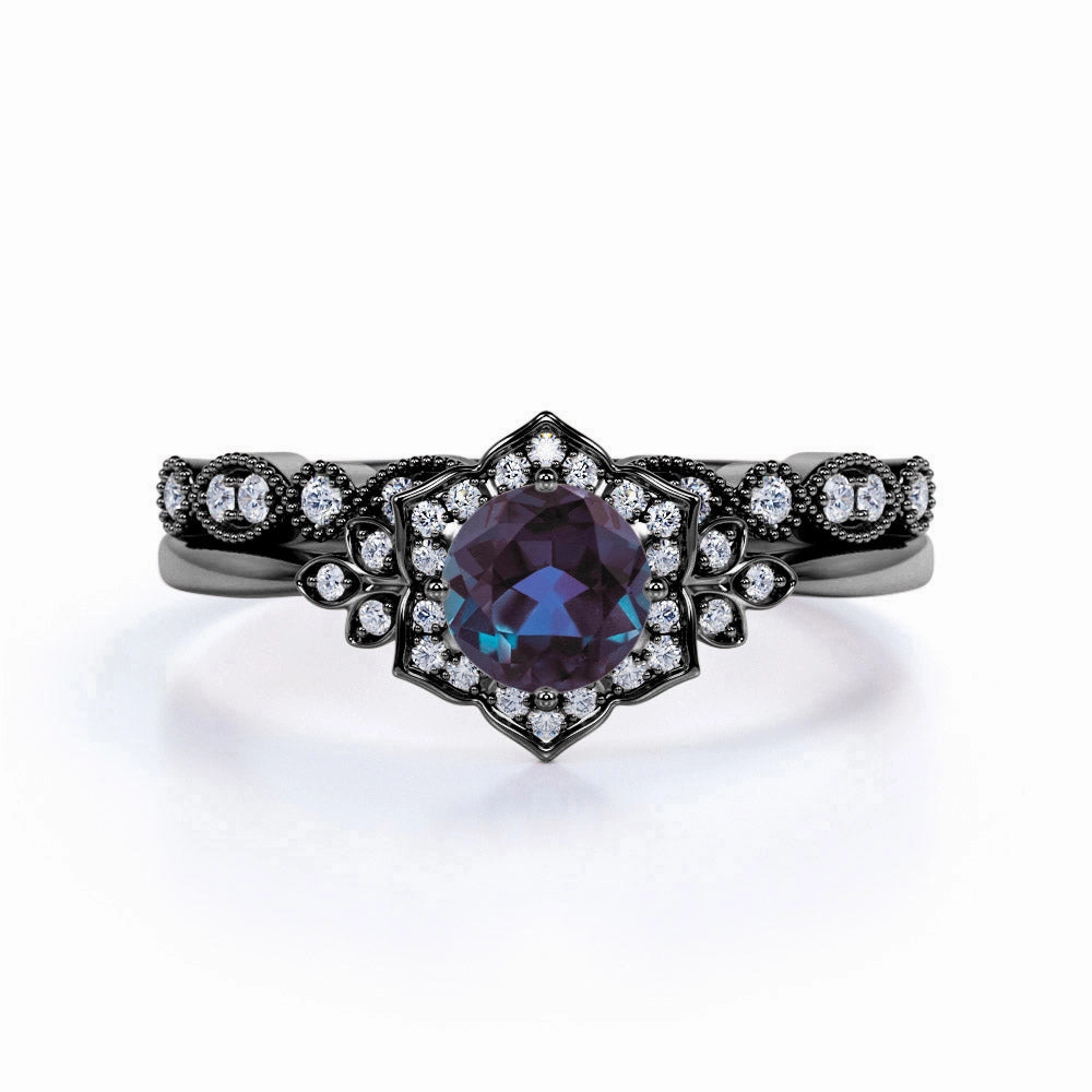 Art Deco 1 Ct Round Lab Alexandrite Bridal Set Amazing Accessory