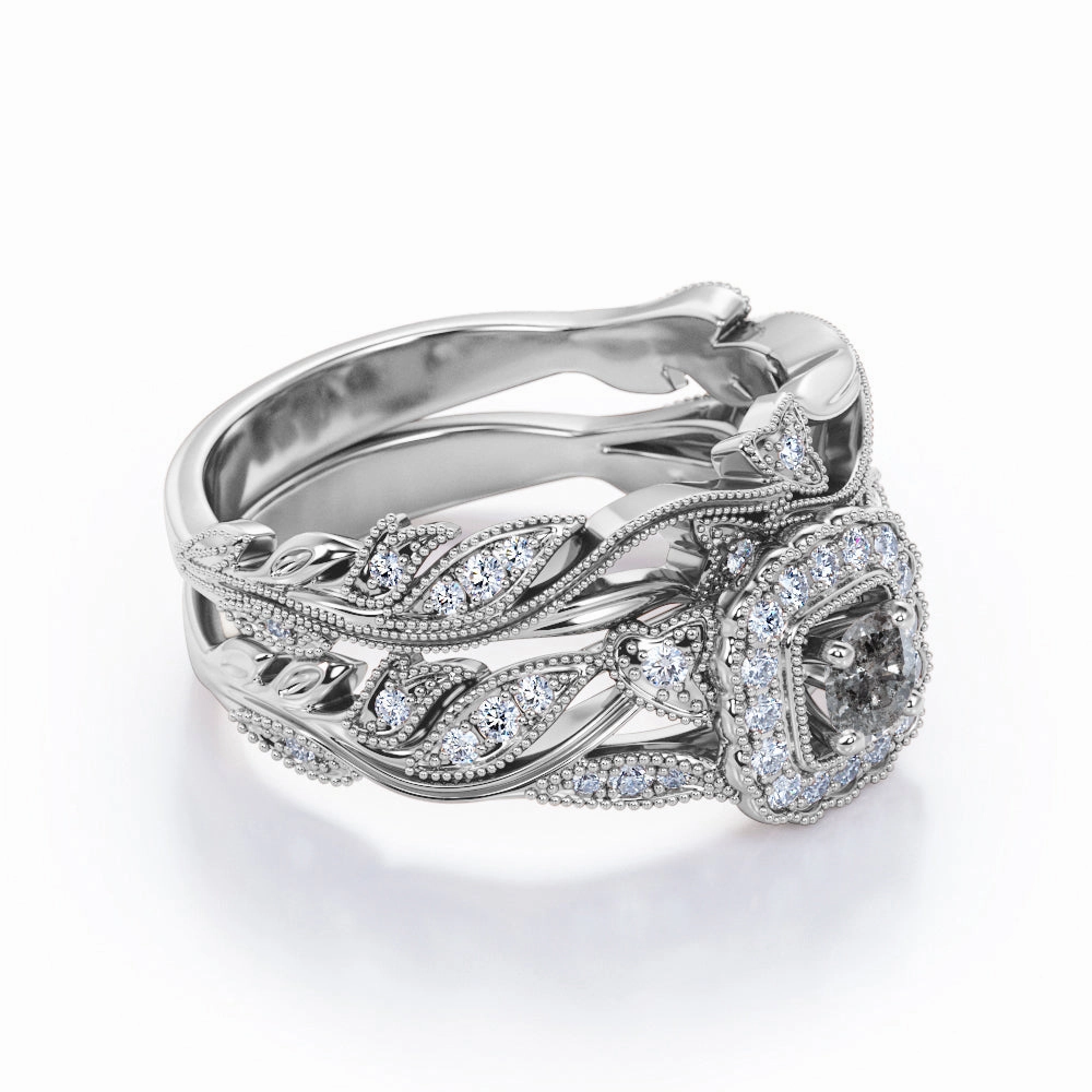 Shiny Statement Art Deco 1 Ct Round Salt and Pepper Diamond Wedding Ring Set