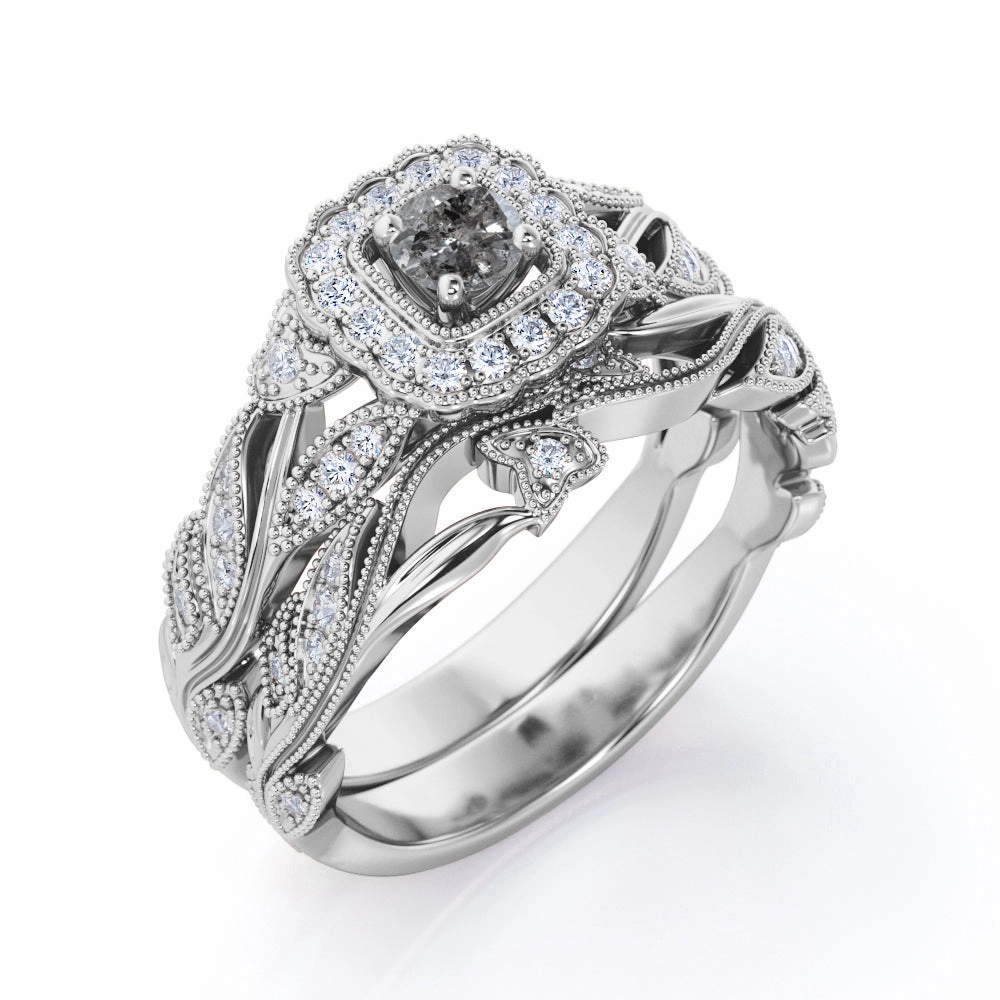 Art Deco 1 Ct Round Salt and Pepper Diamond Wedding Ring Set Low-Cost Jewelry Value Accessory