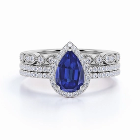 Autumn Collection Romantic Moment Art Deco 2.25 Ct Pear Cut Lab Sapphire Bridal Set