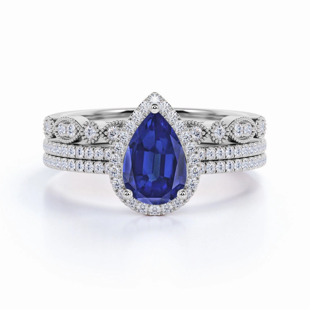 Art Deco 2.25 Ct Pear Cut Lab Sapphire Bridal Set Everyday Choice Fashion Flair