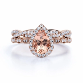 Durable Symbol Handcrafted Art Art Deco 2 ct Pear Morganite Halo Wedding Ring Set