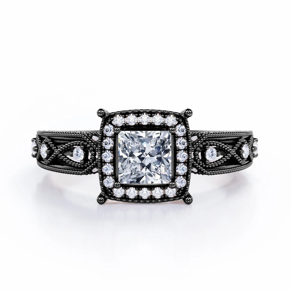 Art Deco Beaded 0.45 Carat Princess Cut Diamond Halo Engagement Ring In White Gold Long-Lasting Shine HighEnd Product